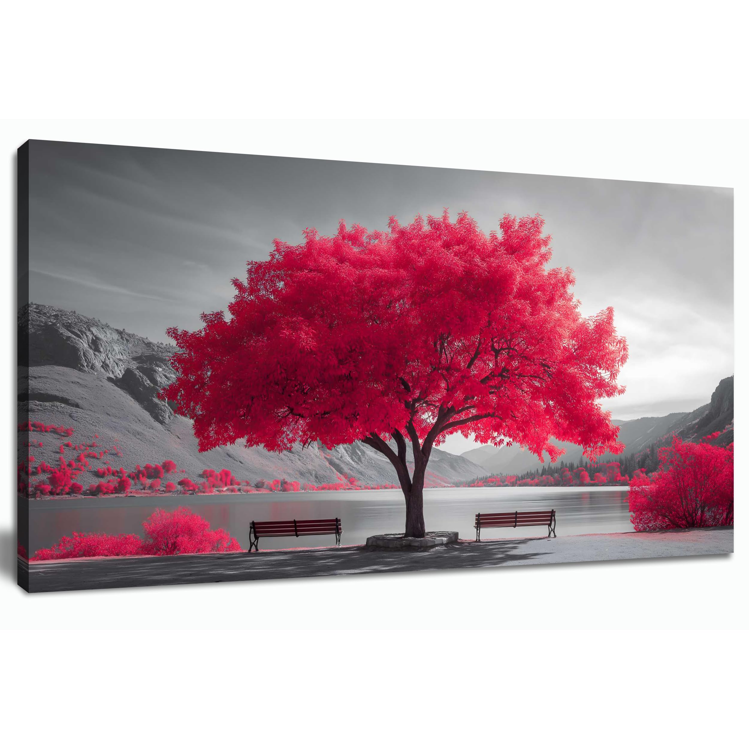 Photo 1 of Trogonup Black and White Red Tree Wall Art for Living Room Large Botanical and Gray Mountain Lake Scene Pictures for Bedroom Office Kitchen Canvas Prints 20"x40"