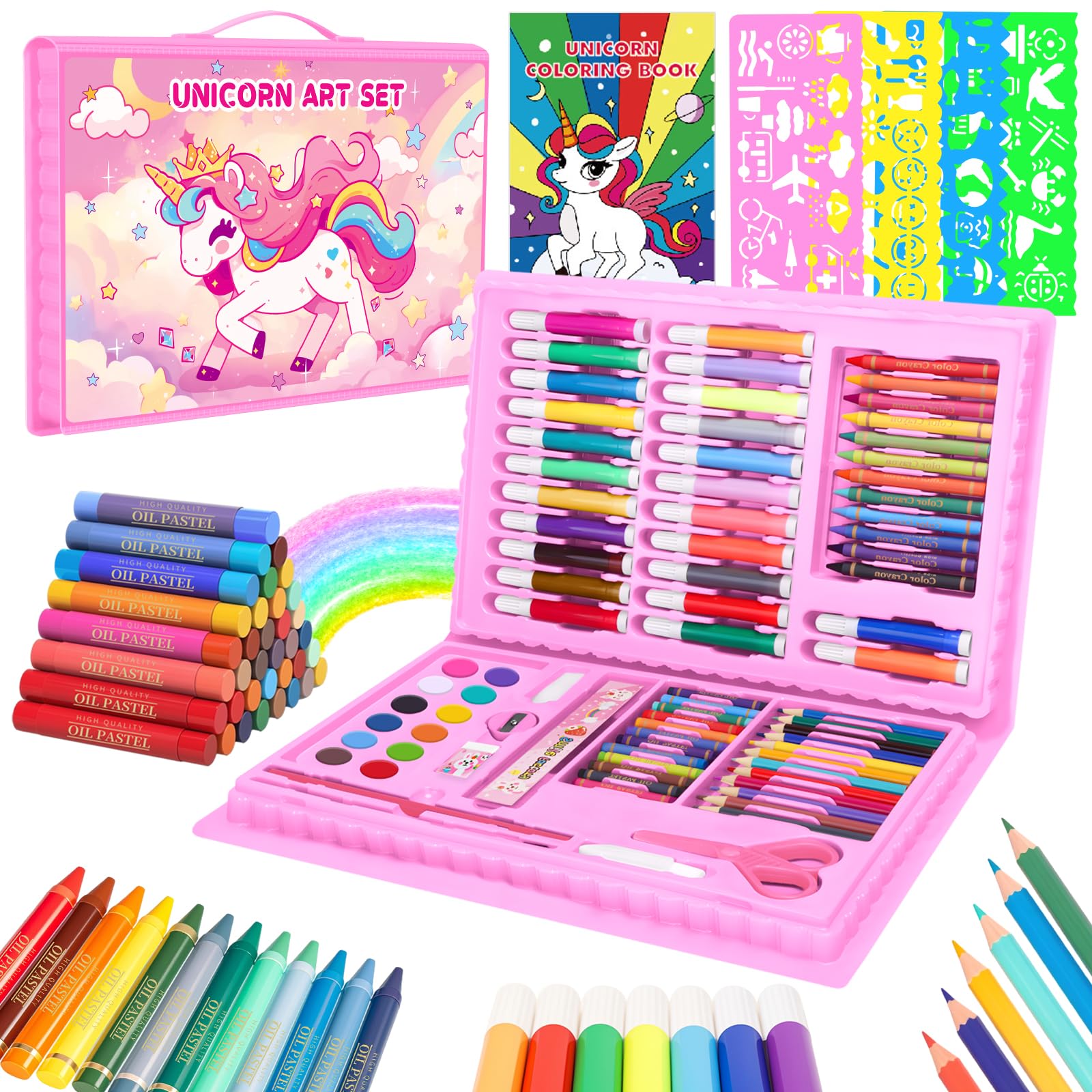 Photo 1 of homicozy Art Supplies, Unicorn Drawing & Coloring Set with Crayons, Colored Pencils, Markers, Sketchbook, Watercolor Cakes, Stencils, Arts and Crafts Painting Kit for Kids Ages 4-10, Girls Boys Gift