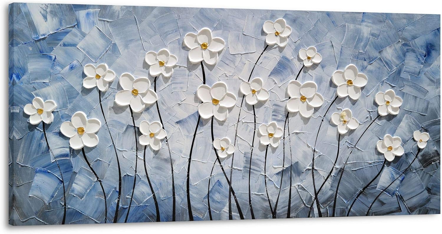 Paintings - YHSKY ARTS 3D Hand - Painted White Floral Wall Art with Printed Blue Background, Textured Flower Decor for Home