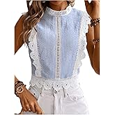 Floerns Women's Contrast Lace Mock Neck Sleeveless Blouse Textured Striped Elegant Vest Top