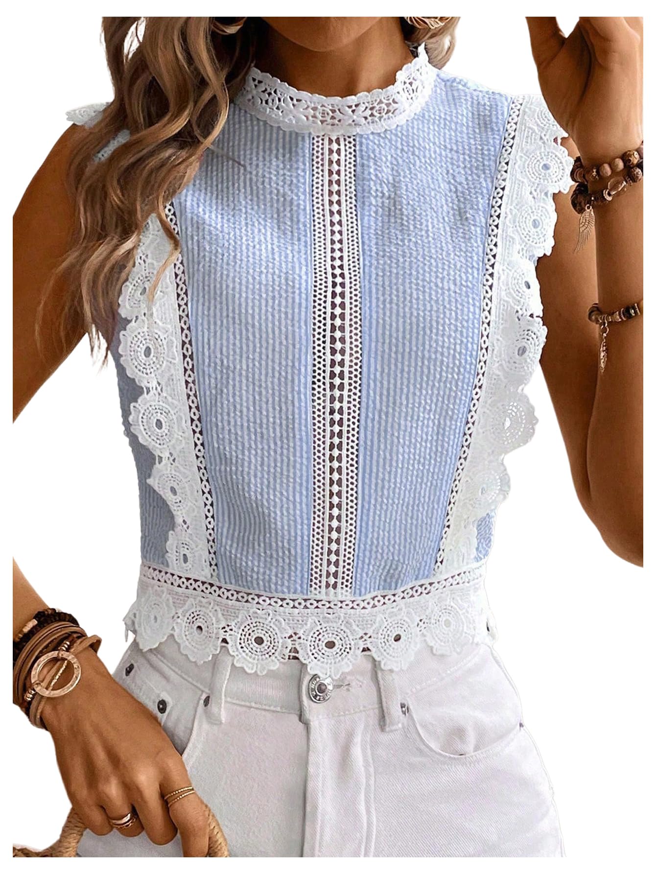 Photo 1 of **ZIPPER IS DAMAGED**
Floerns Women's Contrast Lace Mock Neck Sleeveless Blouse Textured Striped Elegant Vest Top Blue and White Small