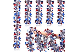 AMIATALO ﻿50 FT 4th of July Patriotic Tinsel Garland Decoration, Red White Blue Tinsel Garland Metallic Star Glitter Hanging Garland for Independence Day Memorial Day Tree Home Party Indoor Outdoor Decor
