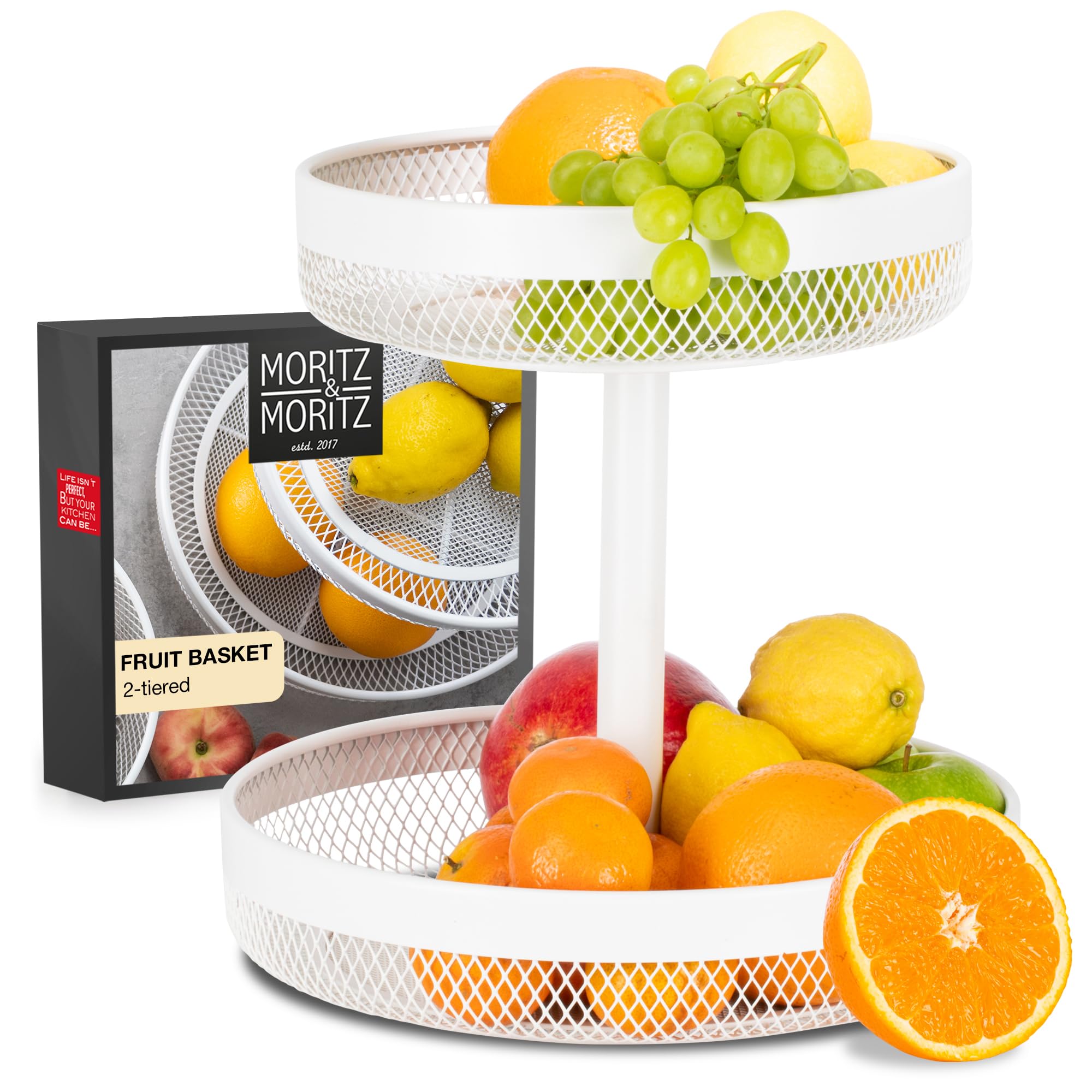 Moritz & Moritz White Metal Fruit Stand - Modern Fruit Bowl Etagere - 2 Tier Display Stand with 4-in-1 Peeler