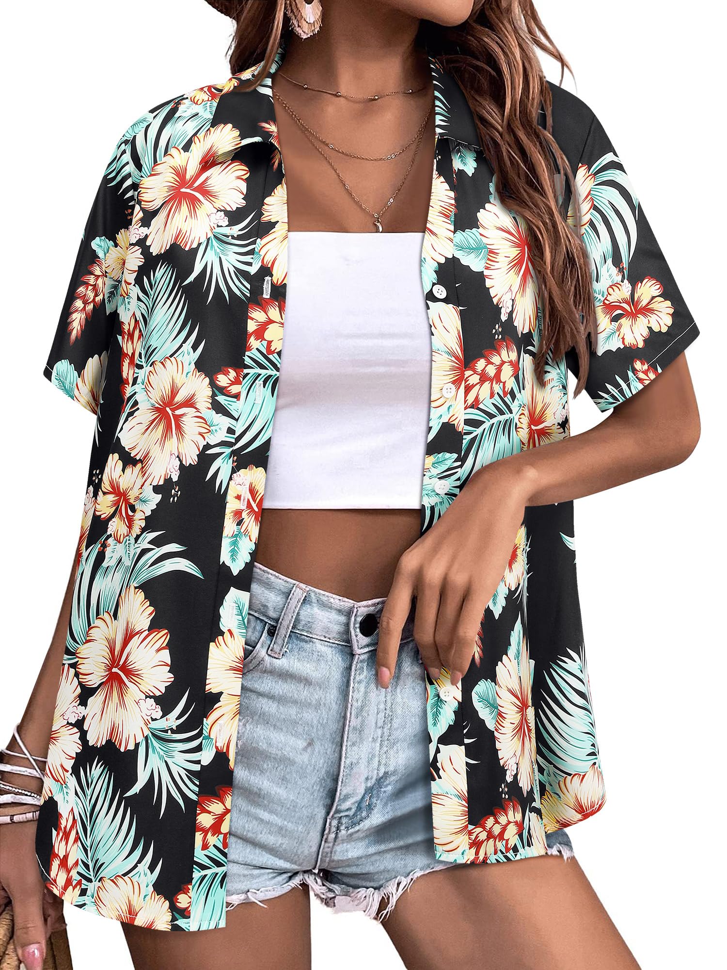 Womens Button Down Hawaiian Shirts Short Sleeve Floral Print Summer V ...