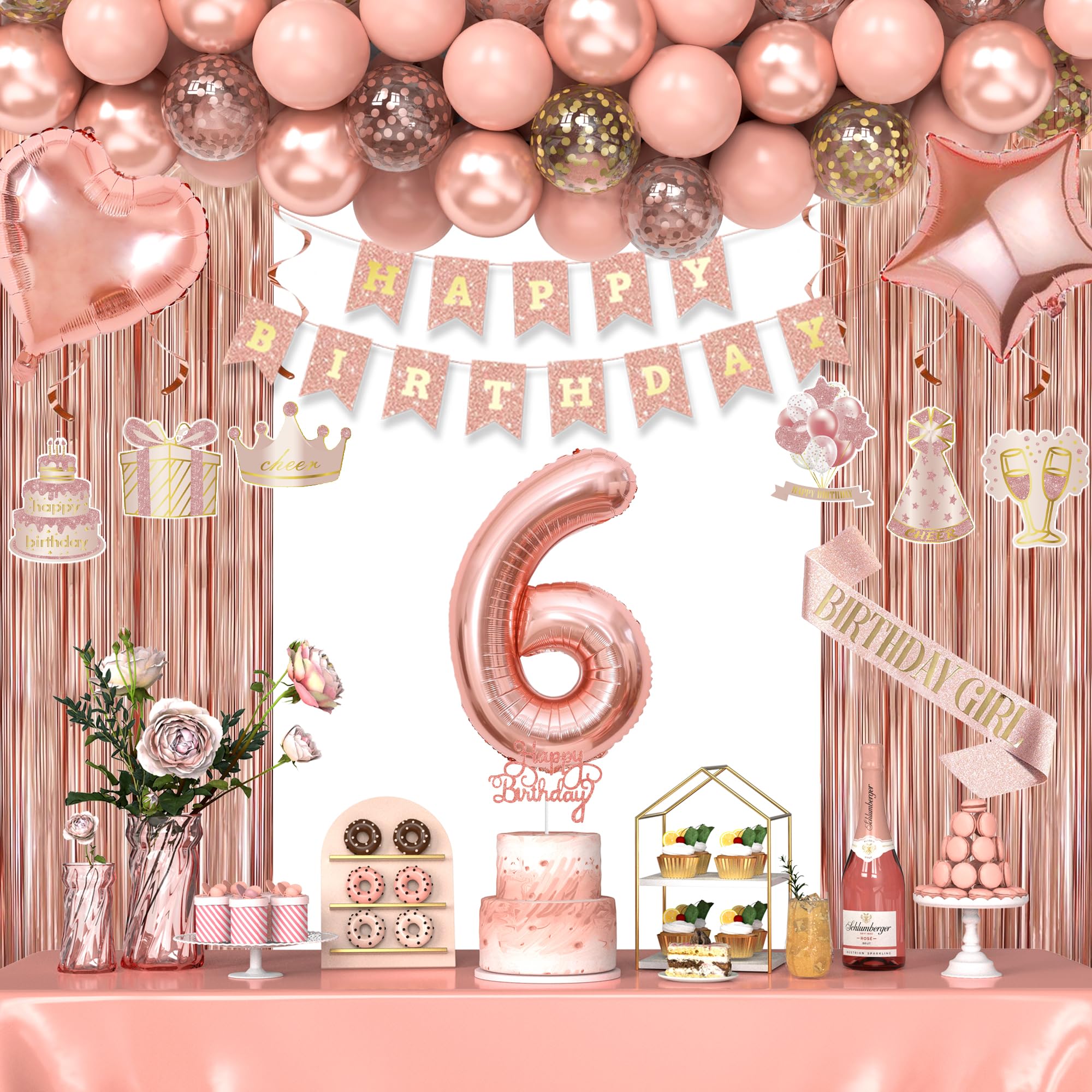 6th Birthday Decorations for Girls, Happy 6 Birthday Decorations for Her, Rose Gold Birthday Party Supplies with Banner, Number Balloons, Fringe Curtains, Hanging Swirls