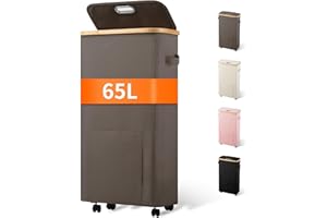 Vincona Laundry Basket with Wheels, Tall Dirty Clothes Hamper on Wheels, Rolling Laundry Hamper with lid for Dorm, Bedroom and Bathroom (Grey, 65L)