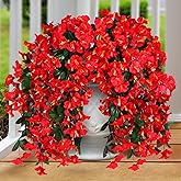 Sggvecsy Artificial Fake Hanging Flowers Plants for Outdoor Outside Spring Summer Decoration 4PCS Faux Silk UV Resistant Realistic Morning Glory Trailing Vines for Home Porch Patio Balcony(Red)