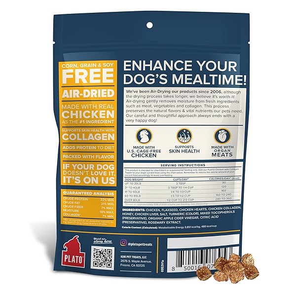 PLATO PET TREATS DOG FOOD TOPPERS – AIR-DRIED DOG FOOD TOPPERS FOR DRY FOOD – WITH COLLAGEN TO SUPPORT SKIN AND COAT HEALTH – CHICKEN AND COLLAGEN RECIPE 12OZ