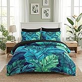 WeCozy 7 Pcs Queen Size Comforter Set with 2 Pillowcases & 2 Shams, Tropical Palm Leaf Bedding for Kids and Adults, Green Turquoise Bed in a Bag with Flat Fitted Sheet