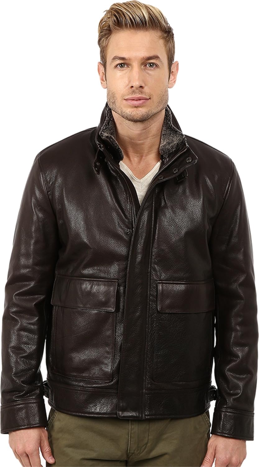 Cole Haan Men's Leather Aviator Jacket, Chocolate, XXLarge Amazon.co