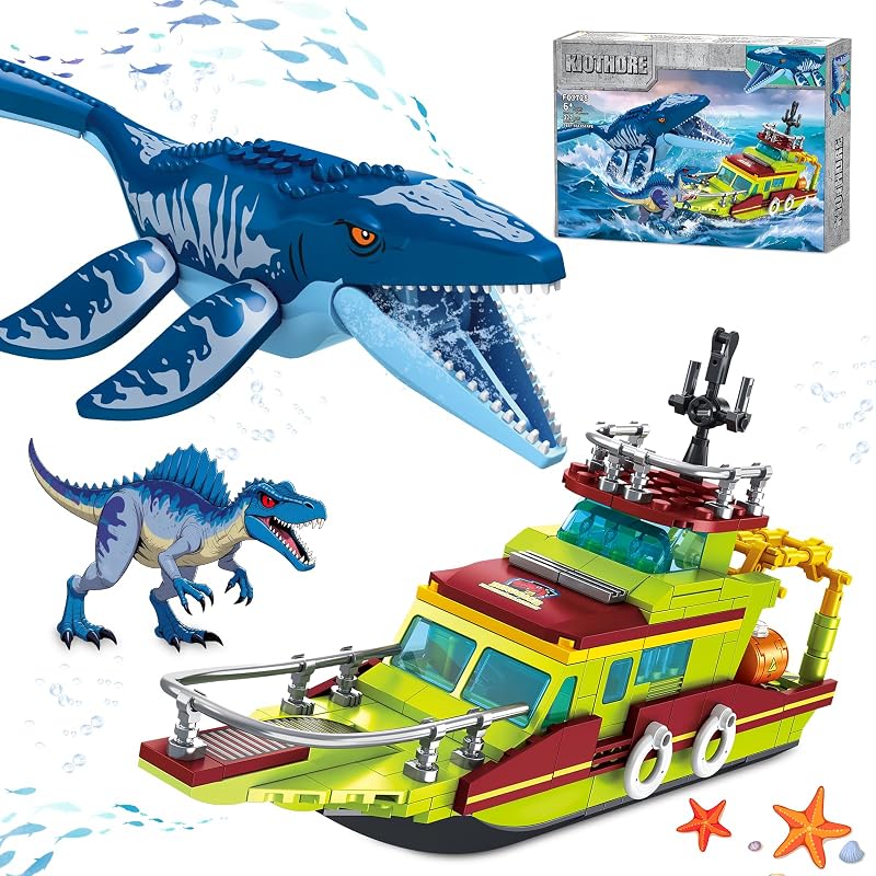 3 IN 1 Ozean Explore Dinosaurier Bauspielzeug Kompatibel mit Dinosaurier Park World, Schiff Boot & Mosasaurus Spinosaurus Dino Spielzeug für Kinder Jungen 6–12 Jahre, Geburtstags Geschenke Jungen — Foto 1 von 8