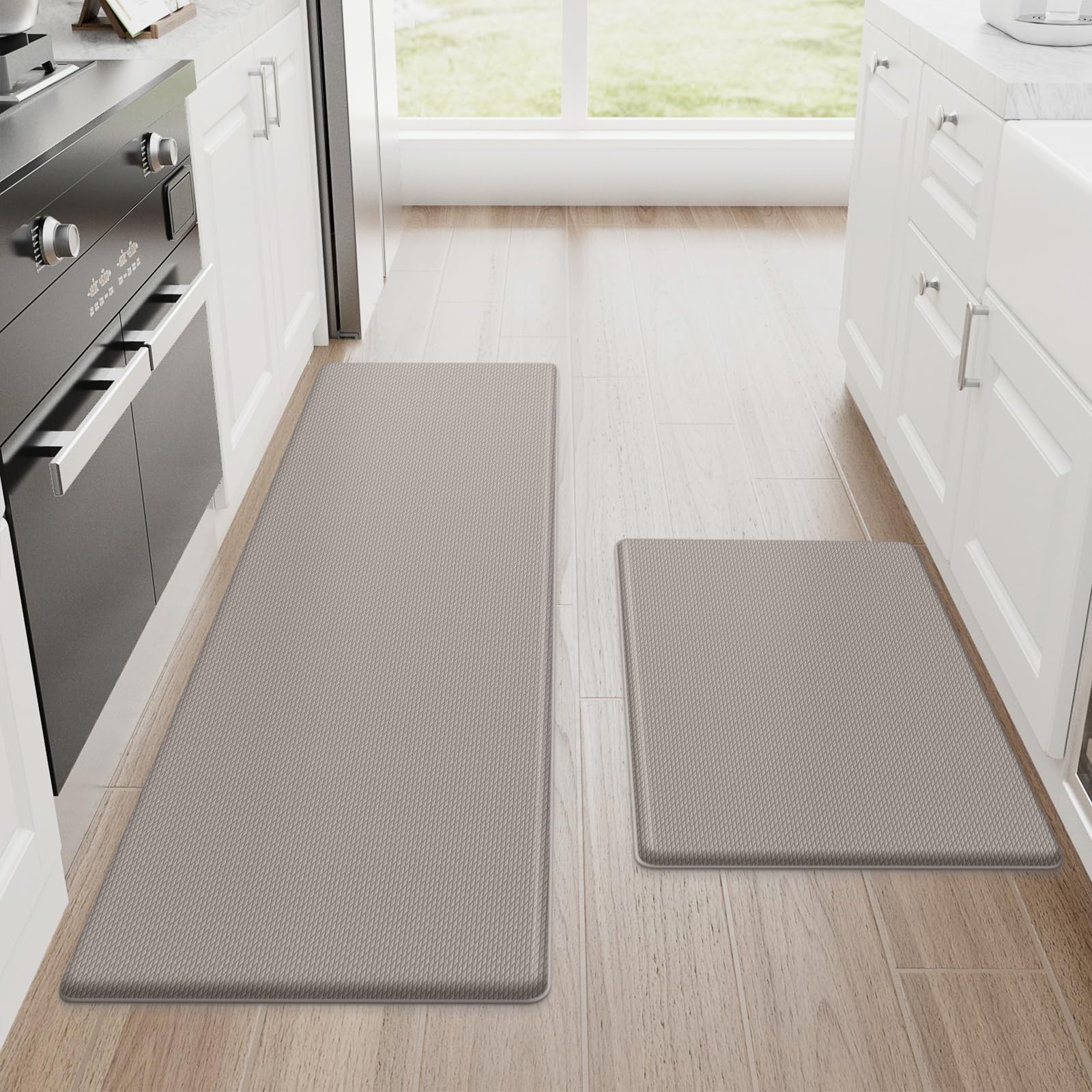 Photo 1 of StepRite Kitchen Mats, 2PCS Kitchen Rugs, Cushioned Anti Fatigue Kitchen Mats for Floor, Non-Slip Standing Desk Mat, Waterproof Kitchen Rug Set for Kitchen, Floor, Office, 17.3"x30"+17.3"x47", Khaki