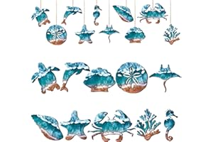 Purpeak 30 Pcs Summer Ocean Themed Ornaments Coastal Wood Hanging Decor Beach Sea Animals Decorations Sand Beach Summer Tree Assorted Decorative Hanging Ornaments for Luau Party Supplies