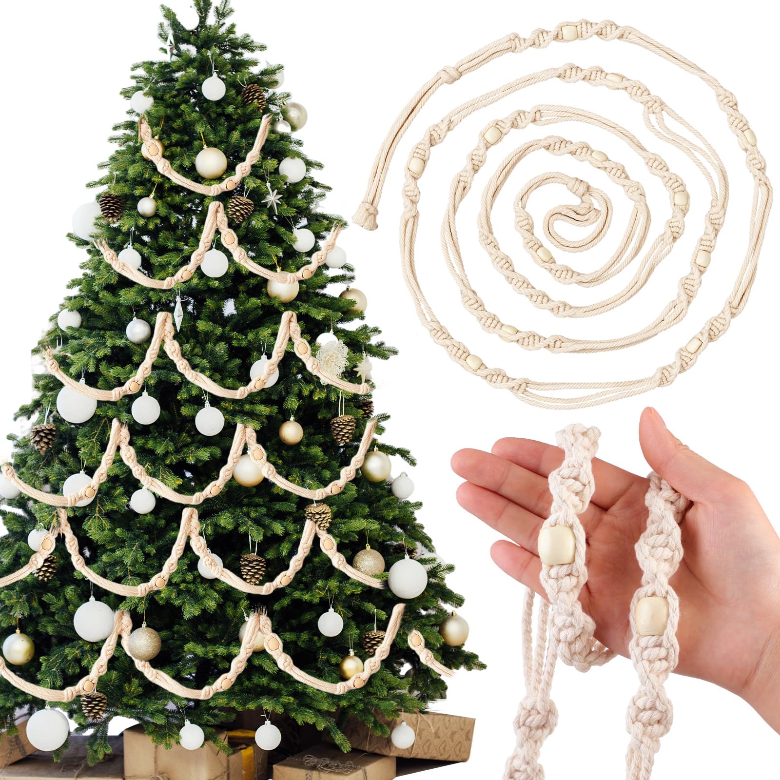 Photo 1 of 12 ft Boho Macrame Garland for Christmas Tree Xmas Wooden Beads Crochet Garland with Tassel Farmhouse Neutral Christmas Knitted Decor for Holiday Tree Fireplace Furniture Home Wall Hanging Decor
