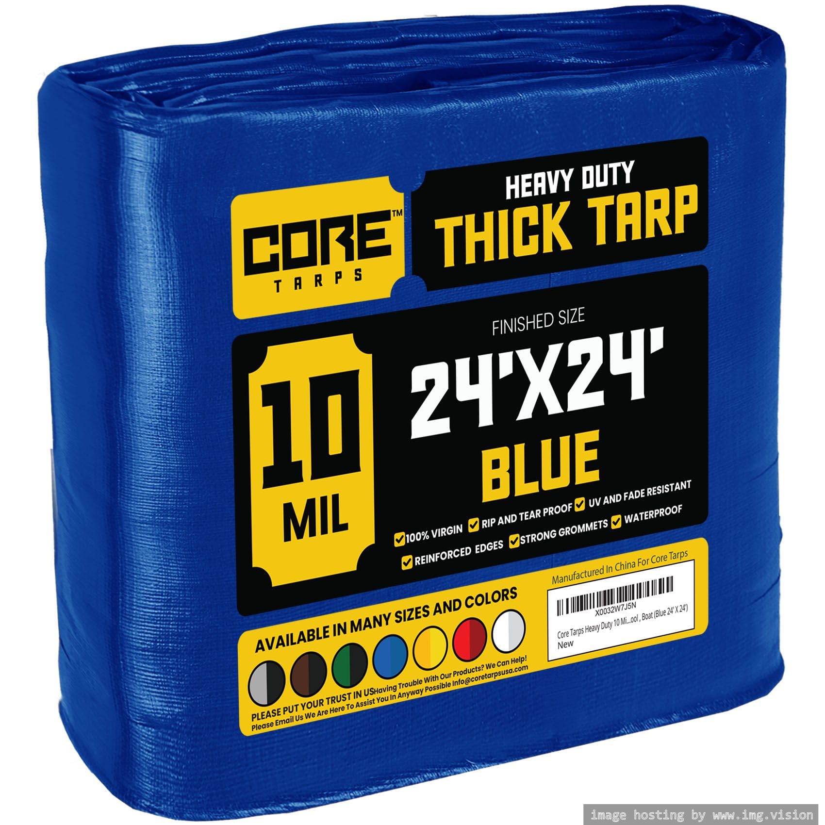 Core Tarps Heavy Duty 10 Mil Tarp Cover, Waterproof, UV Resistant, Rip and Tear Proof, Poly Tarpaulin with Reinforced Edges for Roof, Camping, Patio, Pool, Boat (Blue 24′ X 24′) Image