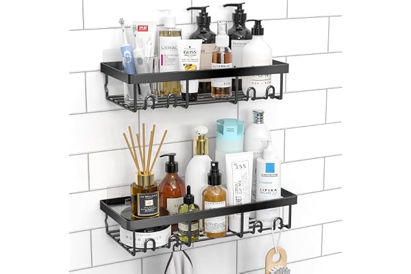 Moforoco Shower Caddy Shelf Organizer Rack, Self Adhesive Black Bathroom Shelves Basket, Home Farmhouse Wall Inside Organizat