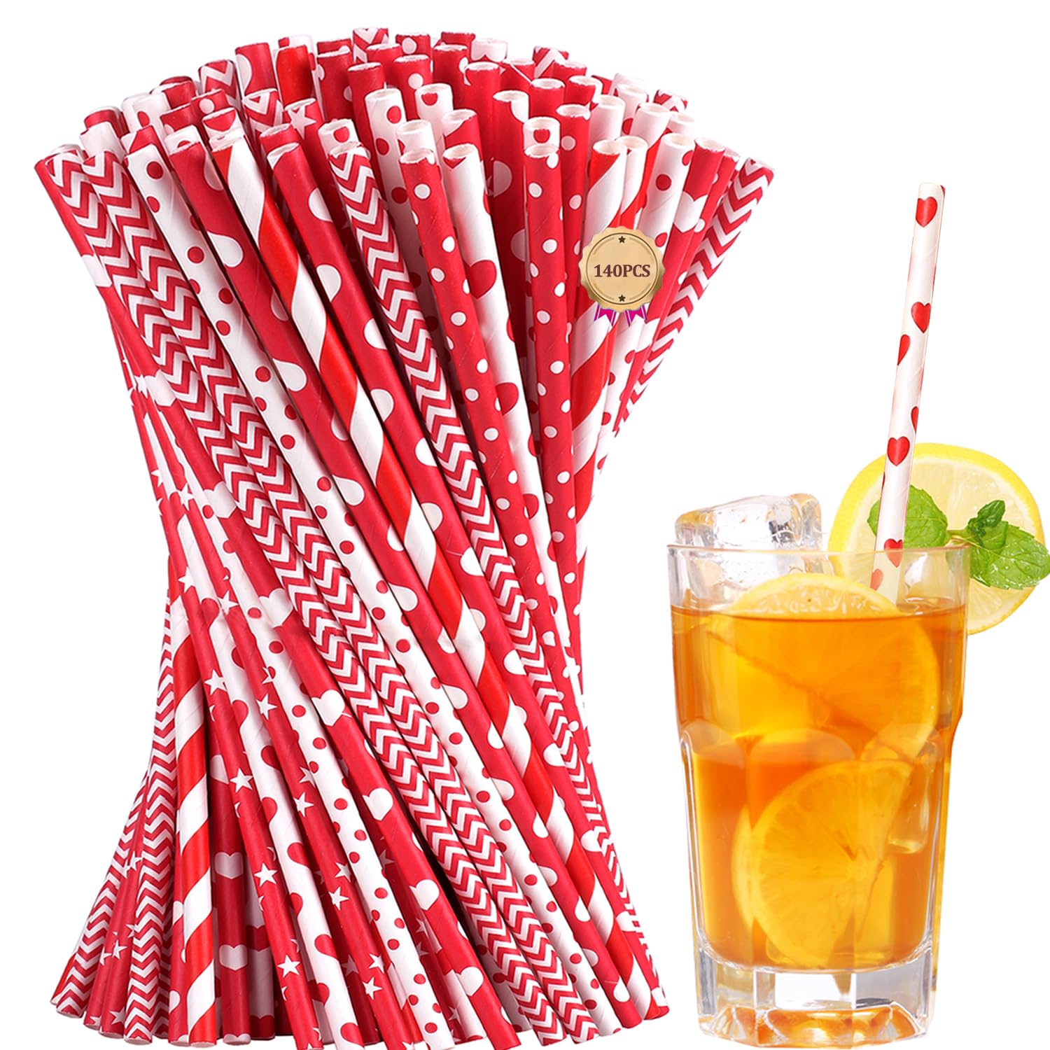 Photo 1 of [140 Pack] PakTalk Valentine Straws, 7 Assorted Red and White Straws Red White Striped Dot Wave Star Paper Straws Disposable for Valentines, Wedding, New Year, Christmas, Party (0.24''*8.27'')
