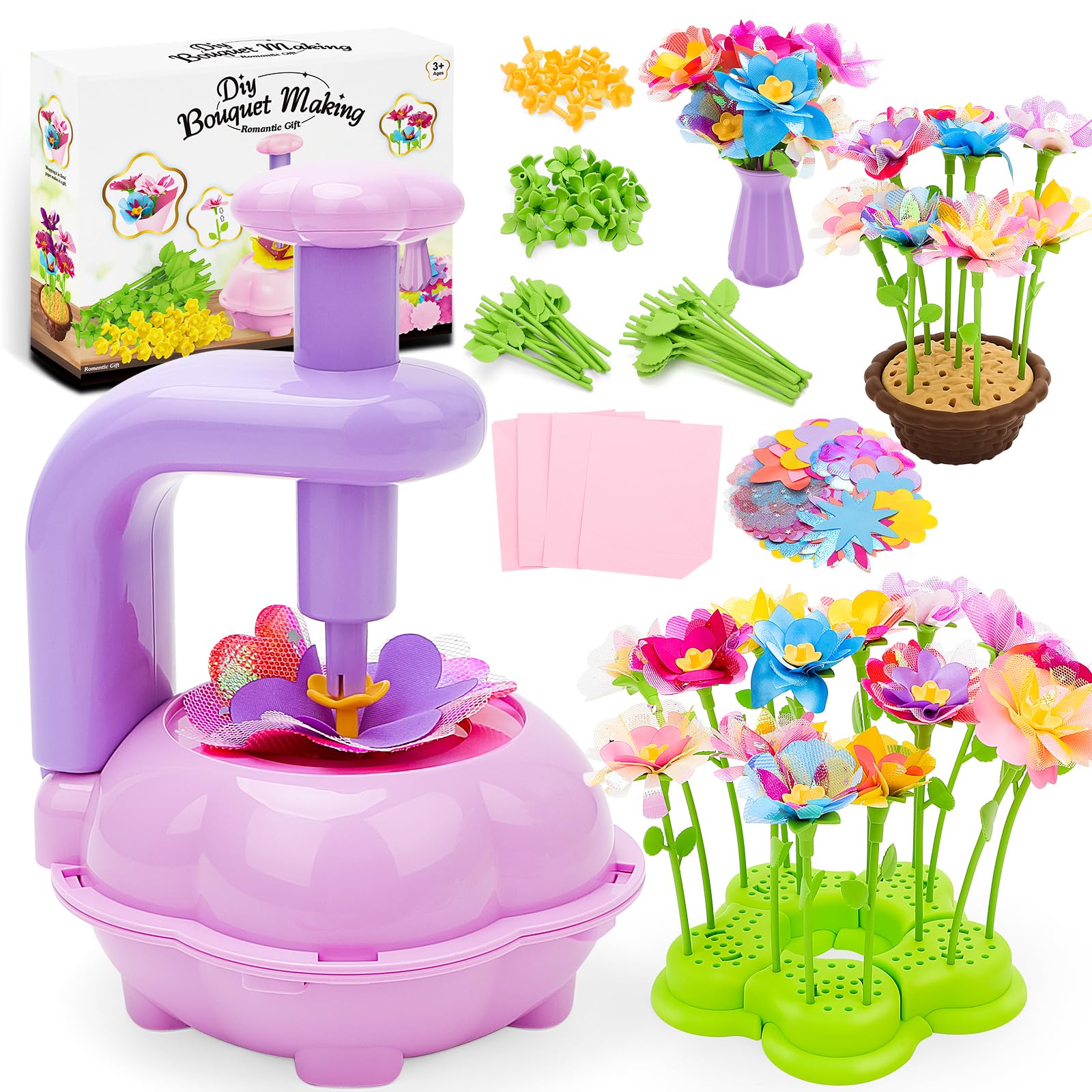 deAO DIY Flower Bouquet Making Kit, with Flower Press, Basket, Vase, Base, Colorful Petals Stems, Kids Craft Set, DIY Flowers Pressing Kit, Creative Play Toys for Kids 3+