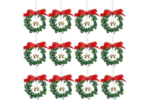 jiebor 12Pcs Mini Christmas Wreaths Small Green Hanging Wreath Christmas Ornament for Winter Holiday Home Outdoor Indoor Fireplace Mantle Window Cabinets Christmas Tree Front Door Decorations 4 Inch