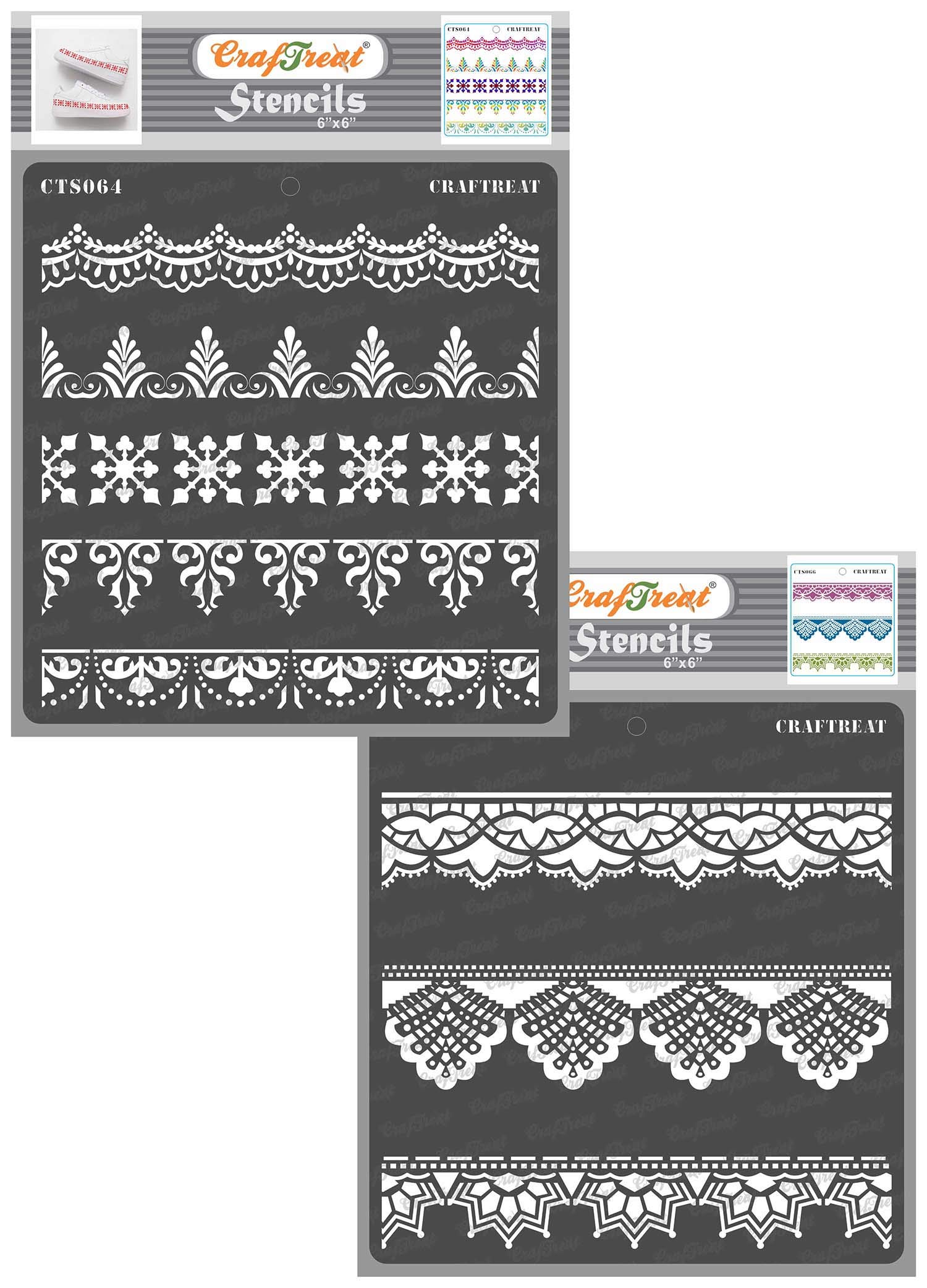 CrafTreat Reusable Ornate Border Lace Stencils for Painting on Wood, Canvas, Paper, Fabric, Floor, Wall and Tile - Ornate Borders and Lace - 2 Pcs - 6x6 Inch Each - DIY Art and Craft Stencils