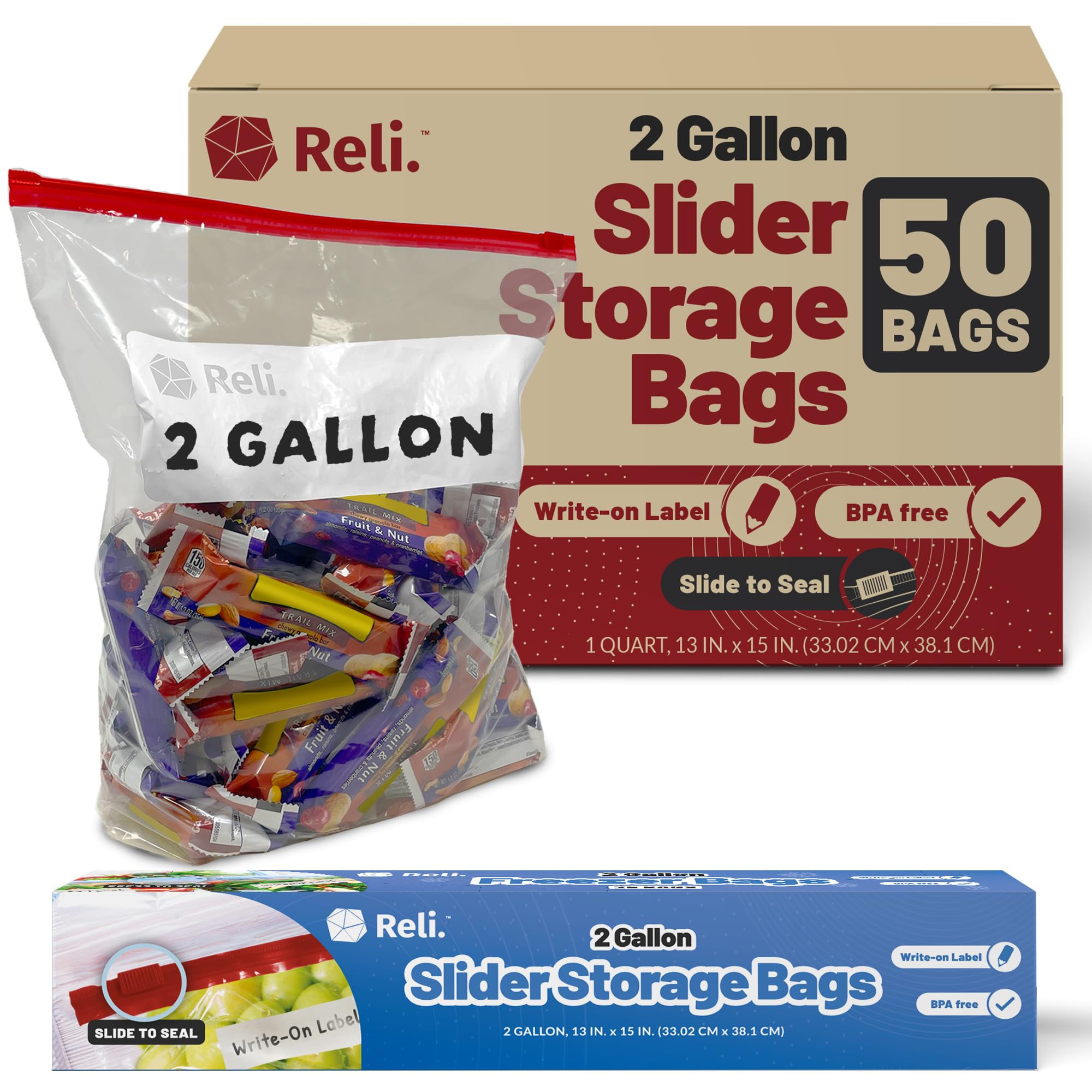 Photo 1 of Reli. 2 Gallon Slider Bags (50 Count) 13x15 inch Jumbo Food Storage Bags, 2 Gallon | Slider, Write on Label | 2Gal Sliding Storage | Extra Large Clear w/Red Sliding Closure for Food