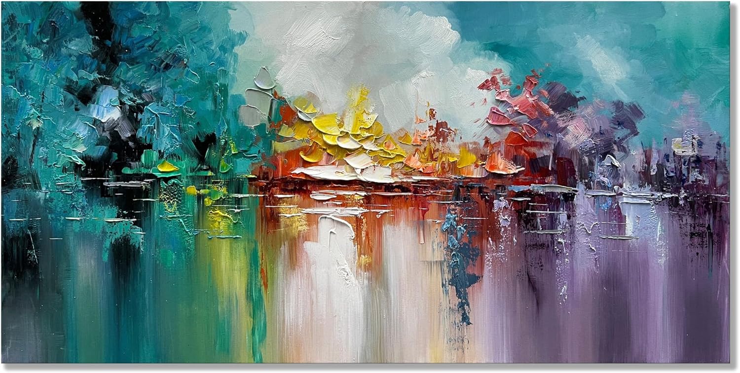 Paintings - zoinart Hand Painted Modern Oil Painting on Canvas 48x24 Inches Large Abstract Wall Art Colorful Artwork Living room Bedroom Dining Room Wall Decor Ready to Hang