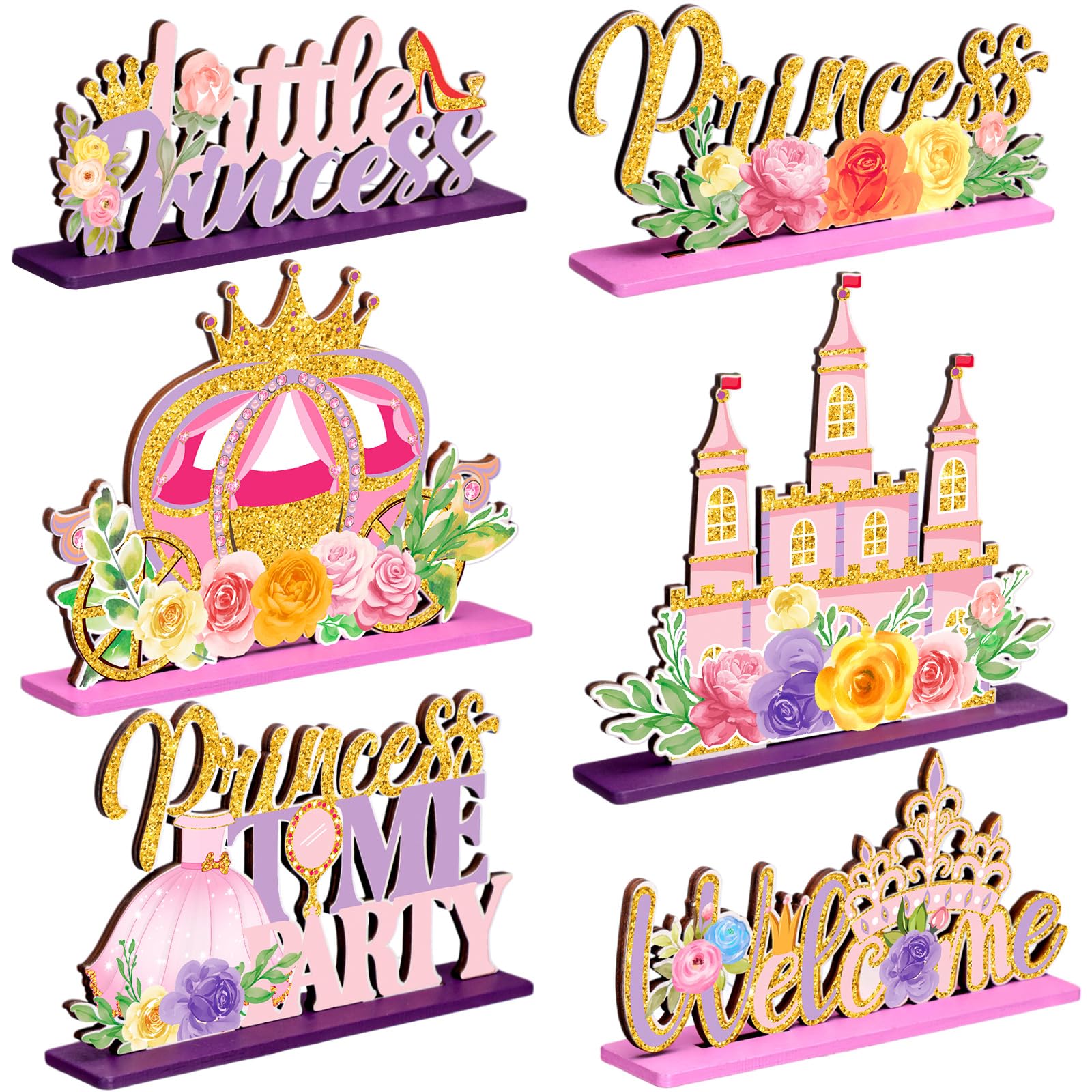 Photo 1 of 6 Pcs Princess Party Wooden Centerpieces Princess Theme Birthday Table Decorations Supplies Pink Gold Ornament Castle Crown Carriage Baby Shower Floral Table Toppers Home Decor for Girls