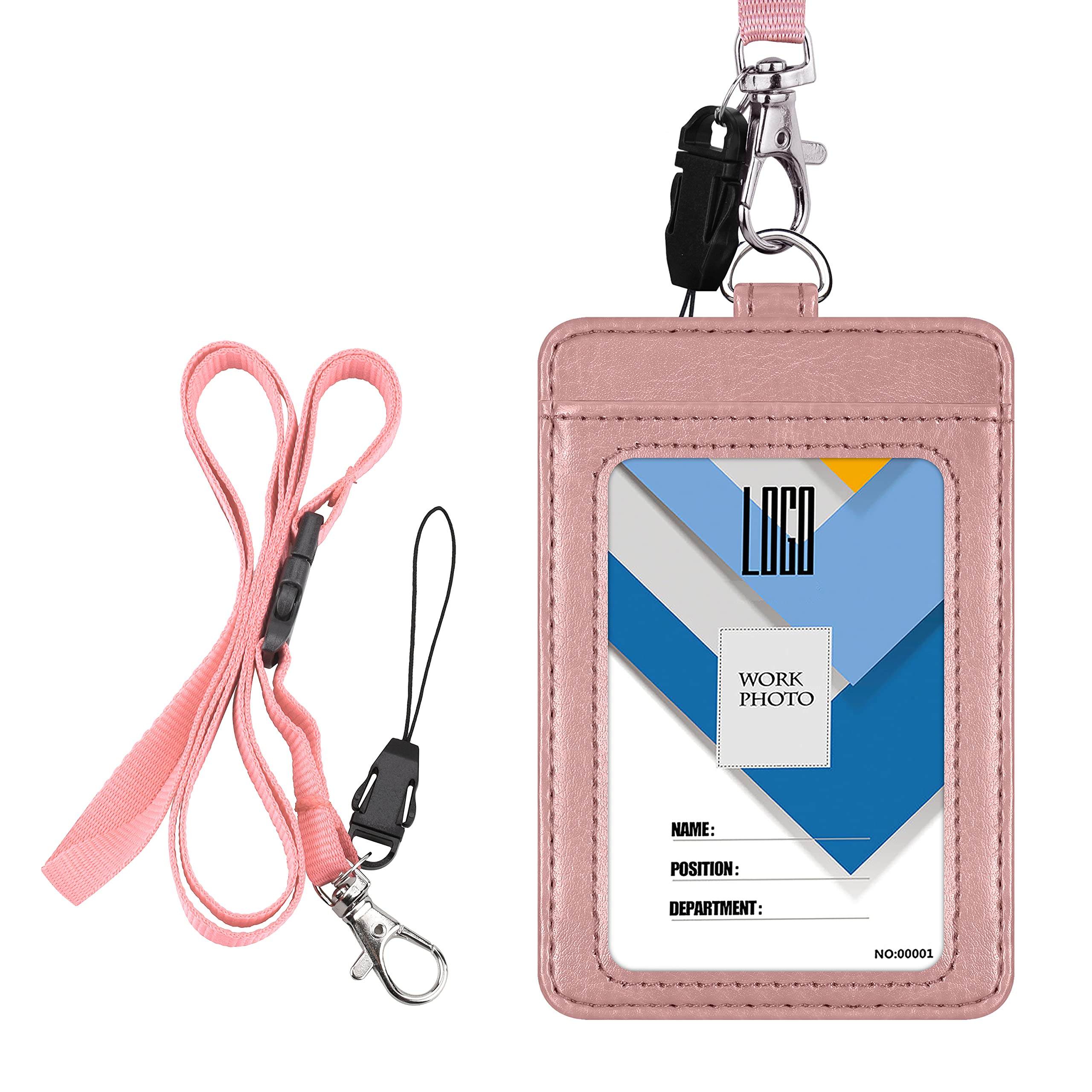 Wisdompro Badge Holder, Double Sided PU Leather Bus Pass Holder with 1 Clear ID Name Window and 1 Identity Credit Card Slot and 22 Inch Detachable Neck Lanyard Strap - Rose Gold (Vertical)
