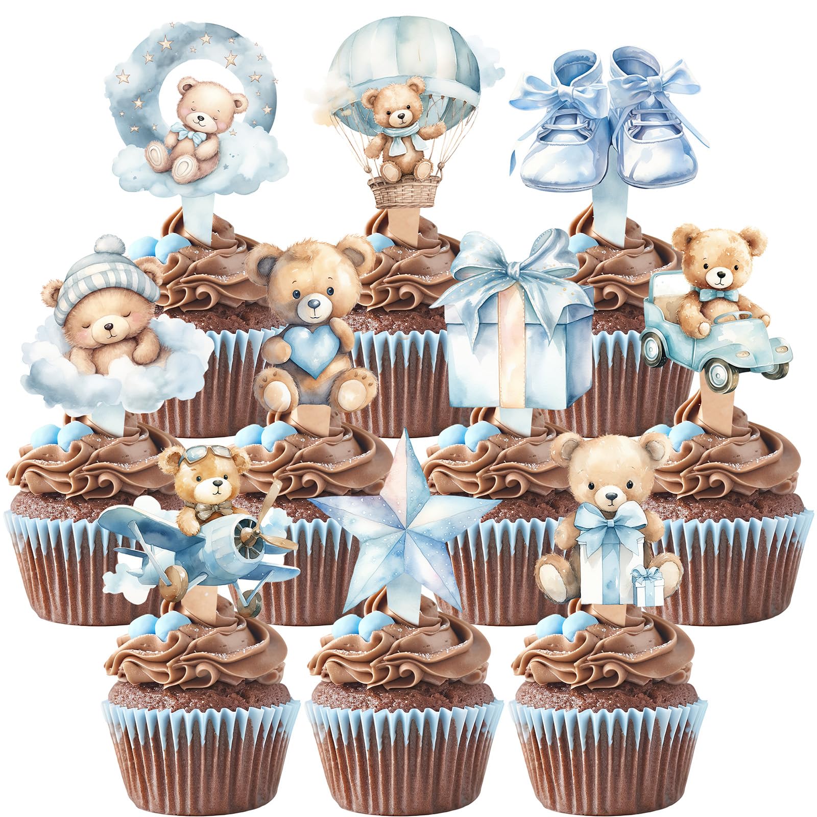 Photo 1 of 40 PCS Blue Teddy Bear Cupcake Toppers