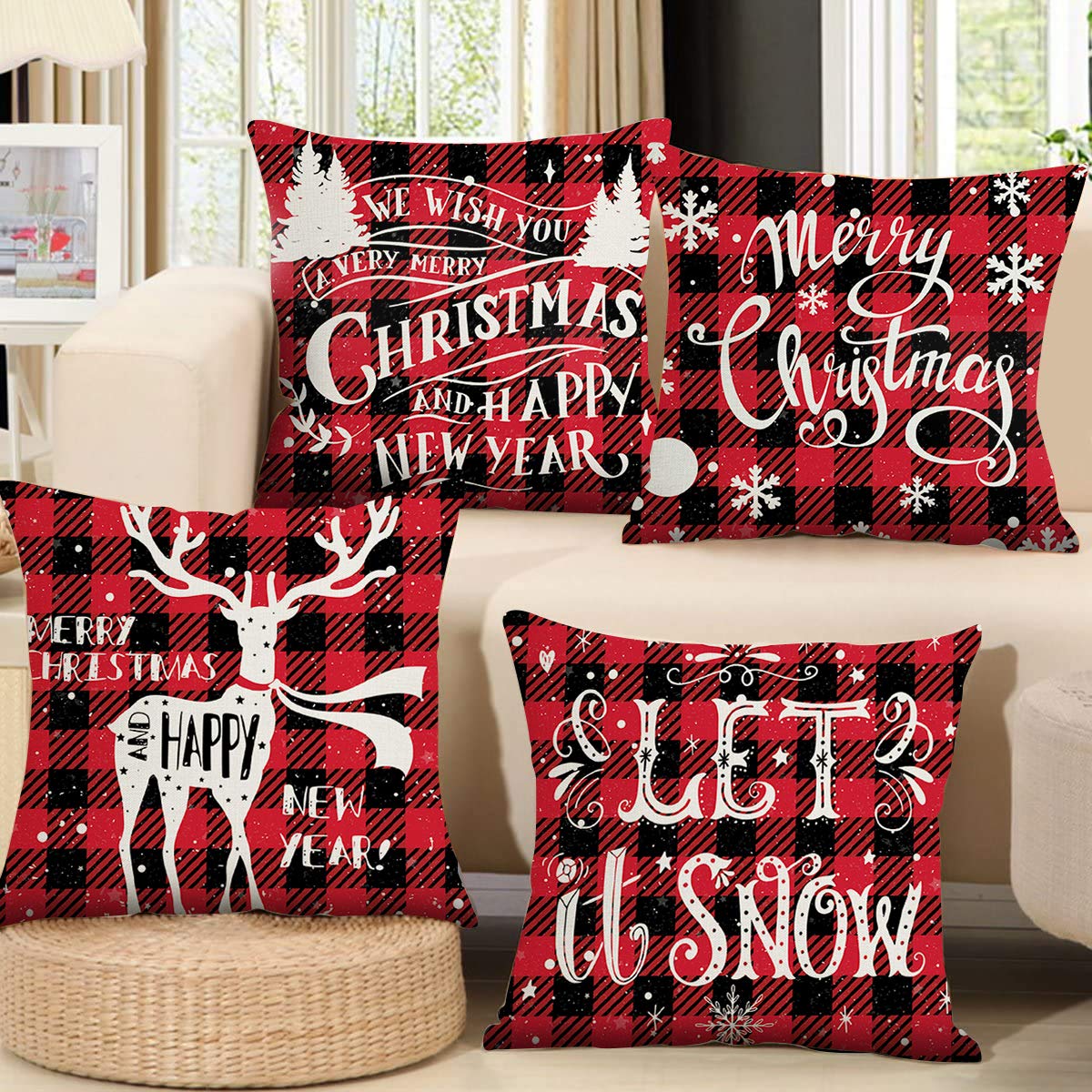 QIFU Christmas Cushion Covers Set of 4 - Red Black Tartan Xmas Cushion Cover 18x18, Linen Cushion Covers Square Pillowcase for Sofa Car Home Christmas Decor Xmas Decorations