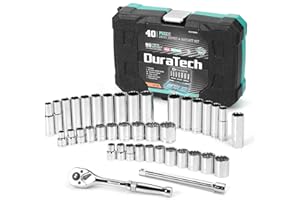 DURATECH 3/8" Drive Socket Set, 40 Piece Tool Set Including Standard (SAE) and Metric Sockets, 90-Tooth Ratchet Handle and Extension Bar