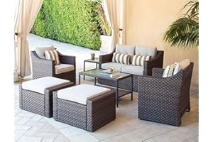 SOLAURA Outdoor Patio Furniture Set 7-Piece Brown Wicker Conversation Furniture Set Patio Lounge Chairs with Ottoman & Loveseat with Glass Coffee Table (Pillow Included)