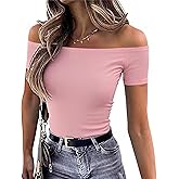 OwnTime Sexy Off The Shoulder Tops for Women Summer Short Sleeve Shirts Ribbed Slim Fitted Trendy Going Out Tops Blouses