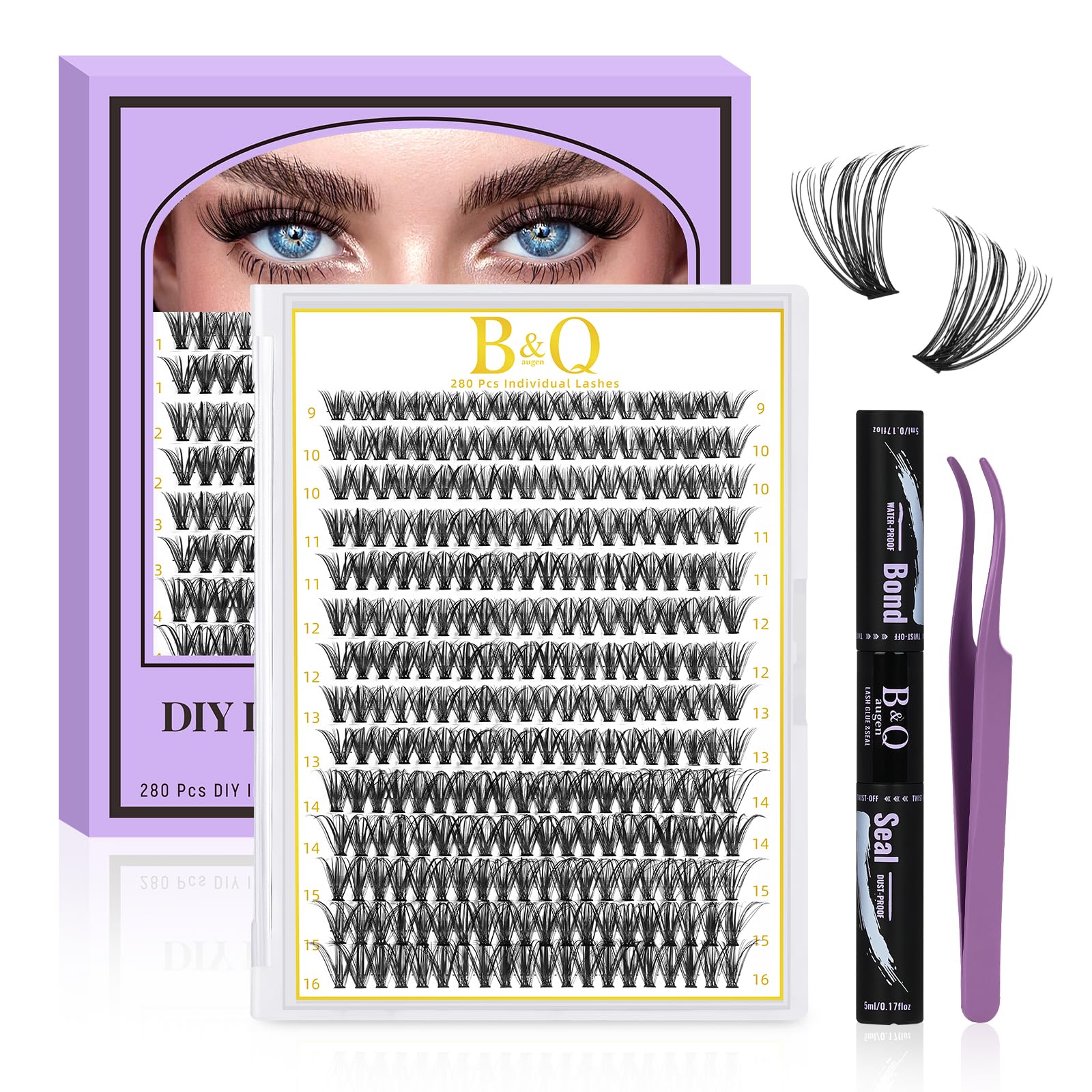 B&Q DIY Eyelash Extension Kit 280 PCS Cluster Lashes Kit D 9-16MIX Diy Lash Extensions Kit with Lash Bond and Seal Lash Remover Lash Applicators for Lash Clusters Lash Kit (Kit-40D-D Curl 9-16mm) — image 1