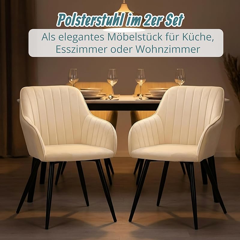 Esszimmerstuhl, 2er Set, Samt, Metallbeine, Armlehne, beige