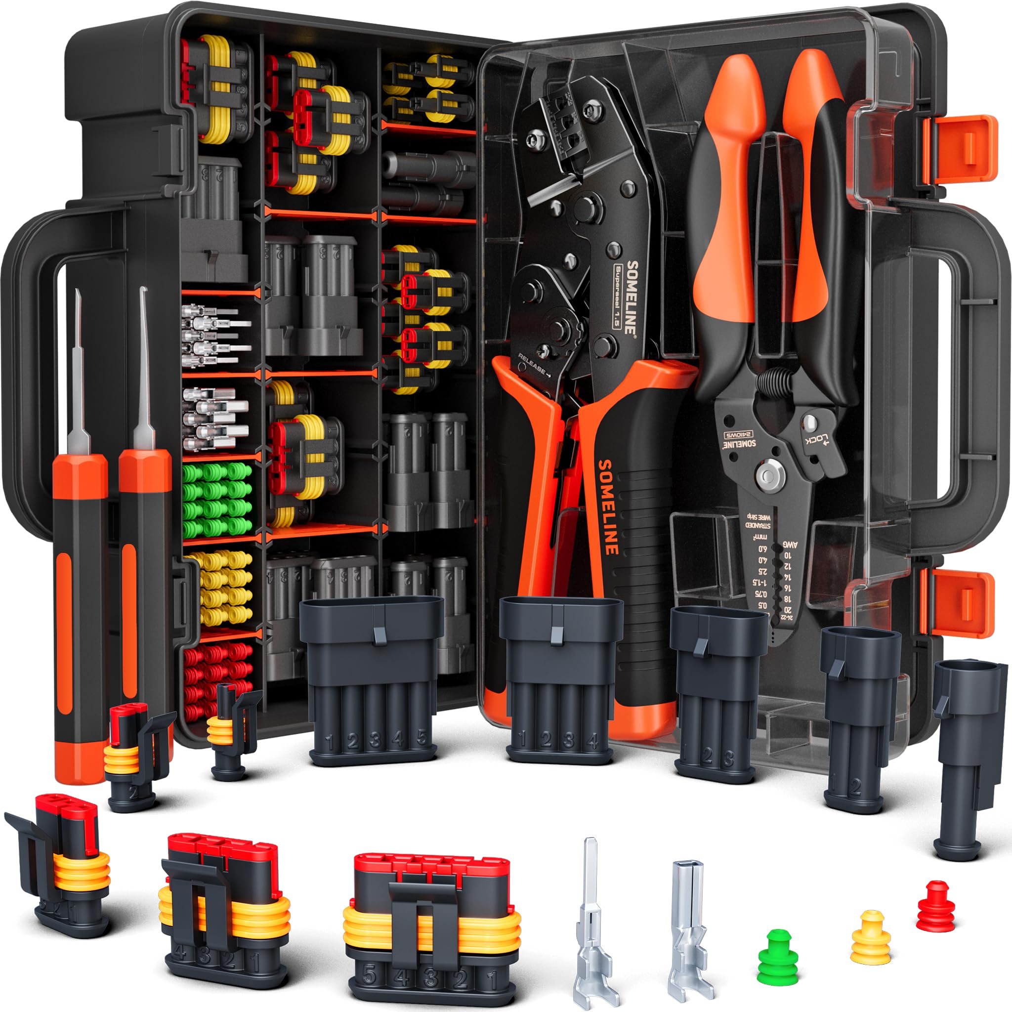 Photo 1 of SOMELINE Crimping Tool Kit, Waterproof Automotive Electrical Connectors (1/2/3/4/5 Pin), 22–14 AWG Ratchet Crimper & Terminal Removal Tools for Car/Motorcycle/Boat
