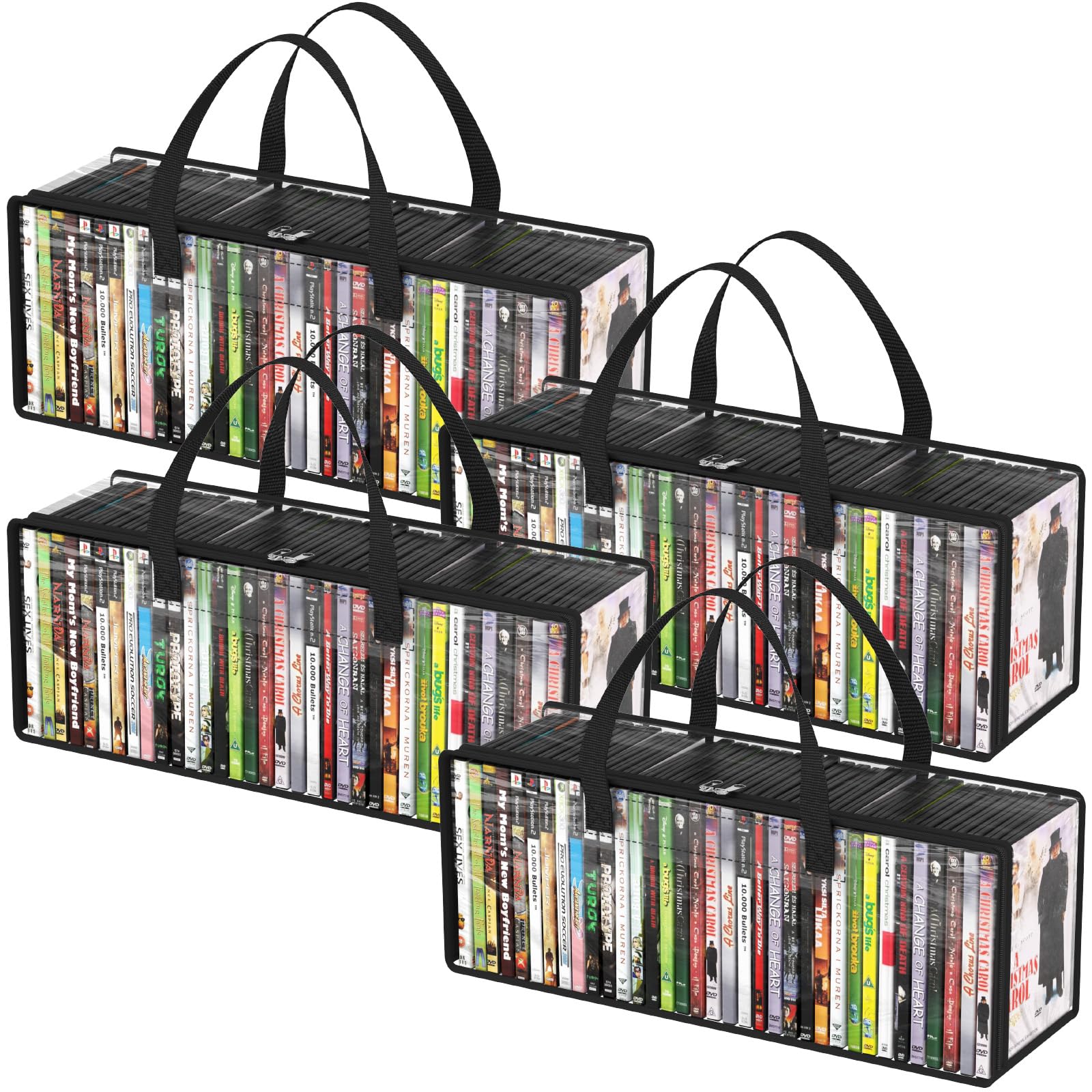 Photo 1 of Lifewit DVD Storage Bags 4 Pcs, Clear PVC DVD Case Holder with Handles, Front Window Zipper Design, Stackable Media Organizer for Blu Ray Disc, Movie Cases, VHS Box, Video Game Disks, Albums, Books