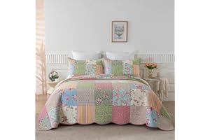 YAYIDAY Quilts Queen Size Patchwork Bedspread Set - 100% Cotton Reversible Breathable Floral Quilted Quilt with Pillow Shams Fit All Season
