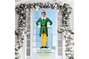 ARSEMICA Funny Christmas Door Cover, No Cotton Headed Ninny Muggins Allowed Porch Sign for Outdoor Decorations, Buddy The Elf Photo Booth Background Banner, Elf Christmas Party Decor Supplies, 70.8x35 Inch