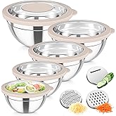 TeamFar Mixing Bowls, Stainless Steel Salad Serving Bowl with Clear Lids & 3 Graters, For Kitchen Cooking Prepping Storing, Size 4.6/2.6/1.5/1/0.7 QT, Nesting & Airtight, Set of 5 & Khaki