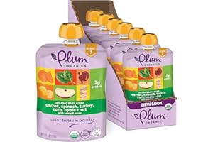 Plum Organics Stage 3 Organic Baby Food - Carrot, Spinach, Turkey, Corn, Apple, and Oat - 4 oz Pouch (Pack of 6) - Organic Baby Food Pouch