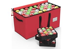 Patiobay Christmas Ornament Storage Box With 8 Trays - Stores Up to 128 Holiday Ornaments, Christmas Storage Container with Side Pocket, Adjustable Dividers, Card Slot, Tear-Proof Fabric - Red