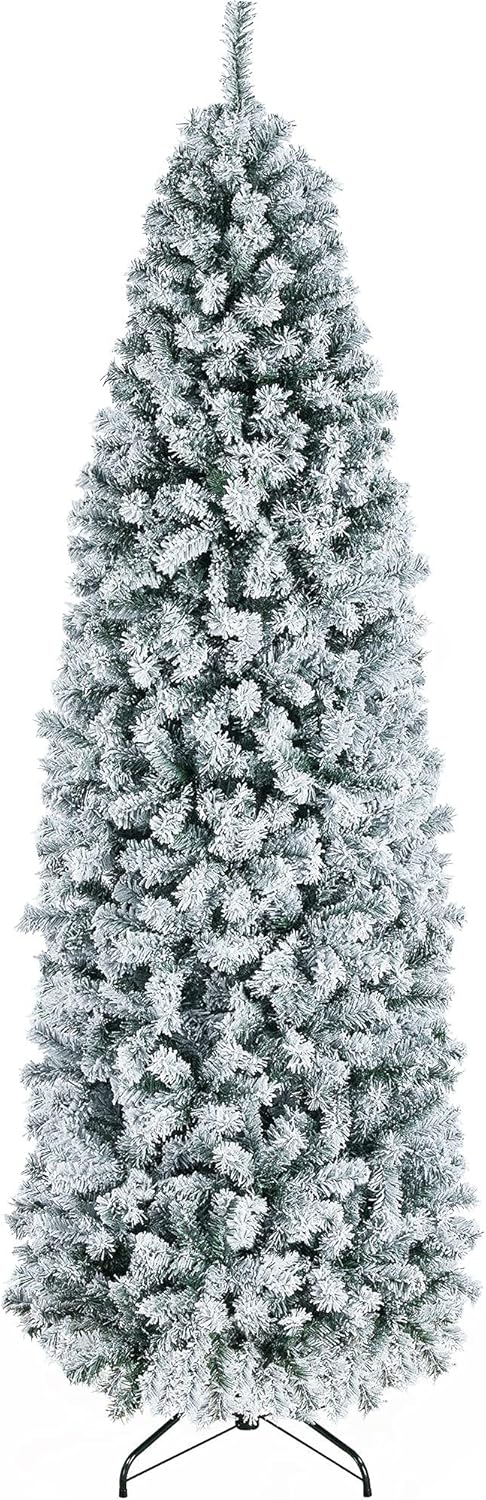 Trees - Yaheetech 7.5Ft Snow Flocked Fir Pencil Christmas Tree Slim Skinny Corner Artificial Hinged Xmas Tree with 1086 Branch Tips and Metal Stand, Holiday Decoration for Home, Party, White