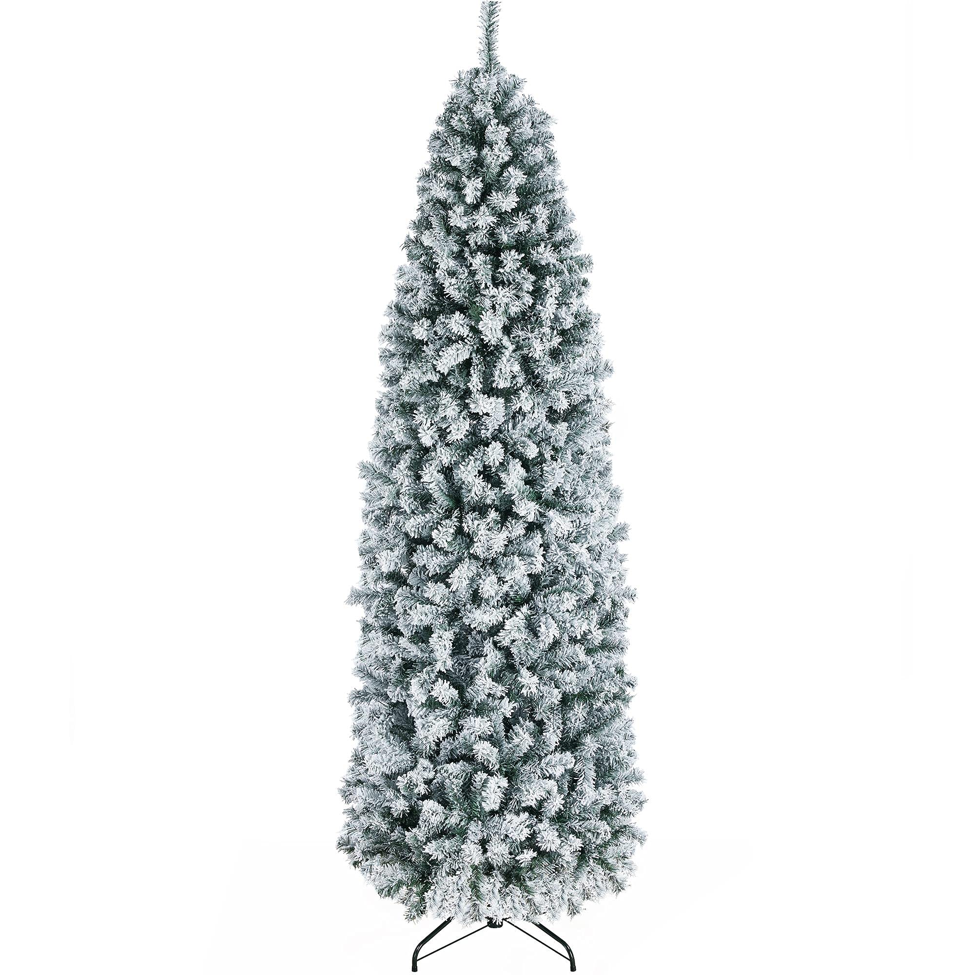 Yaheetech 7.5Ft Snow Flocked Fir Pencil Christmas Tree Slim Skinny Corner Artificial Hinged Xmas Tree with 1086 Branch Tips and Metal Stand, Holiday Decoration for Home, Party, White Image