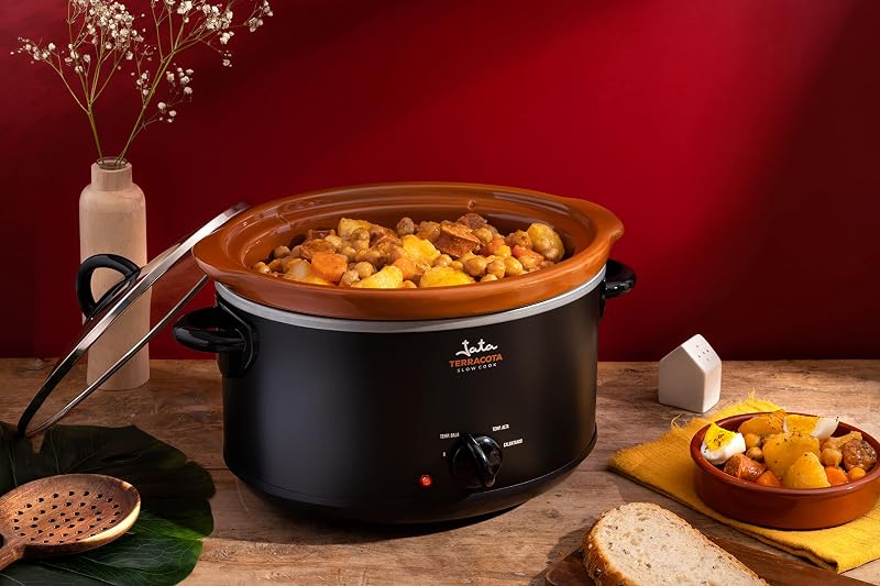 JEOL2135 - Olla de cocción lenta con capacidad de 3,5 litros, Cuba cerámica de terracota extraíble y apta para lavavajillas y horno, 3 niveles de calor, Tapa de cristal, Cocina sana y tradicional