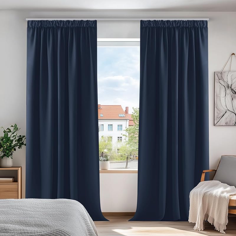 Deconovo Super Soft Thermal Blackout Curtains Navy W55xL95 Inch 1 Pair