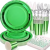 Gudvilla Green Party Decorations, 168 Pcs Green Paper Plates and Napkins Party Supplies, Birthday Plates Serve 24, for Birthday Baby Shower Graduation Father's Day