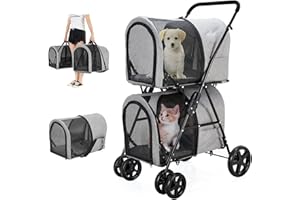 WANGMAO Double Pet Stroller for Dogs and Cats with 2 Detachable Carrier, Quick-Folding Dog Stroller for Medium Small Dogs and Cats, 4 Wheels, Gray