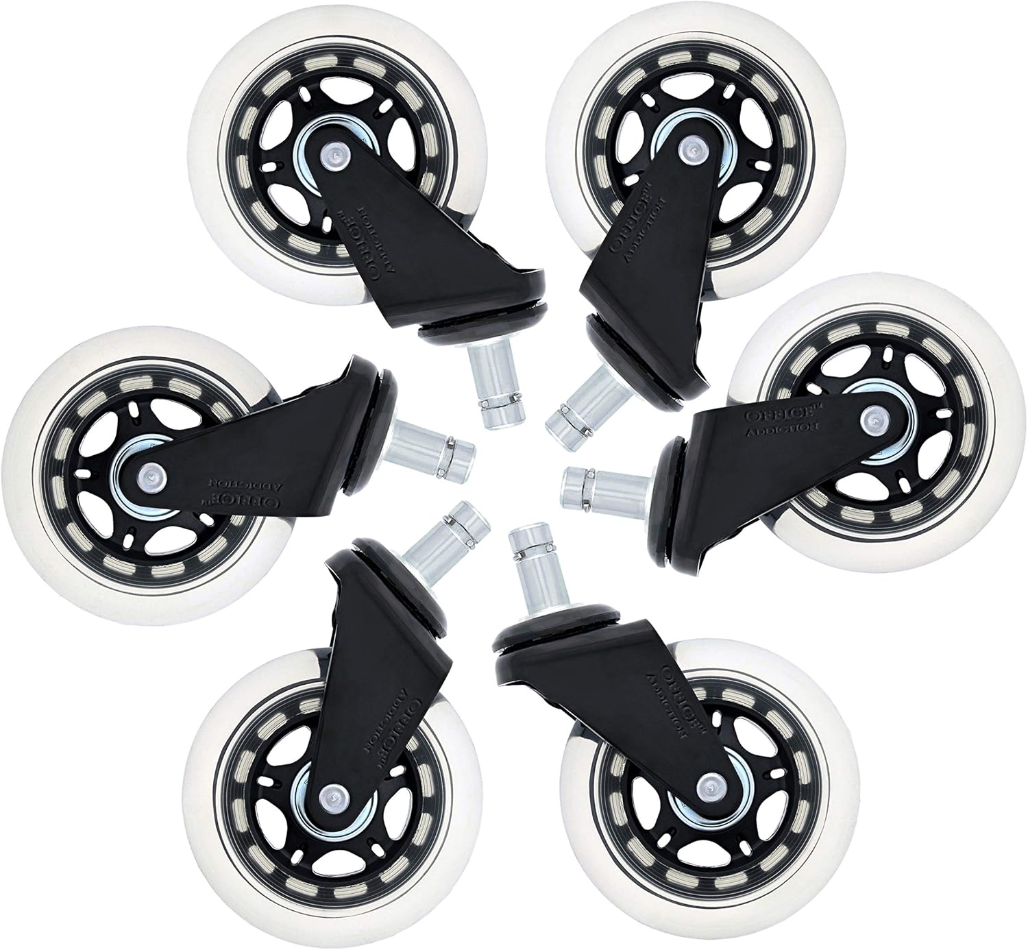 (Set of 5) Office Addiction - Office Chair Replacement Wheels - Hardwood Safe 3-Inch Heavy Duty Replacements - Ball Bearing Swivels - Floor Safe Design - Black/Clear : Office Products