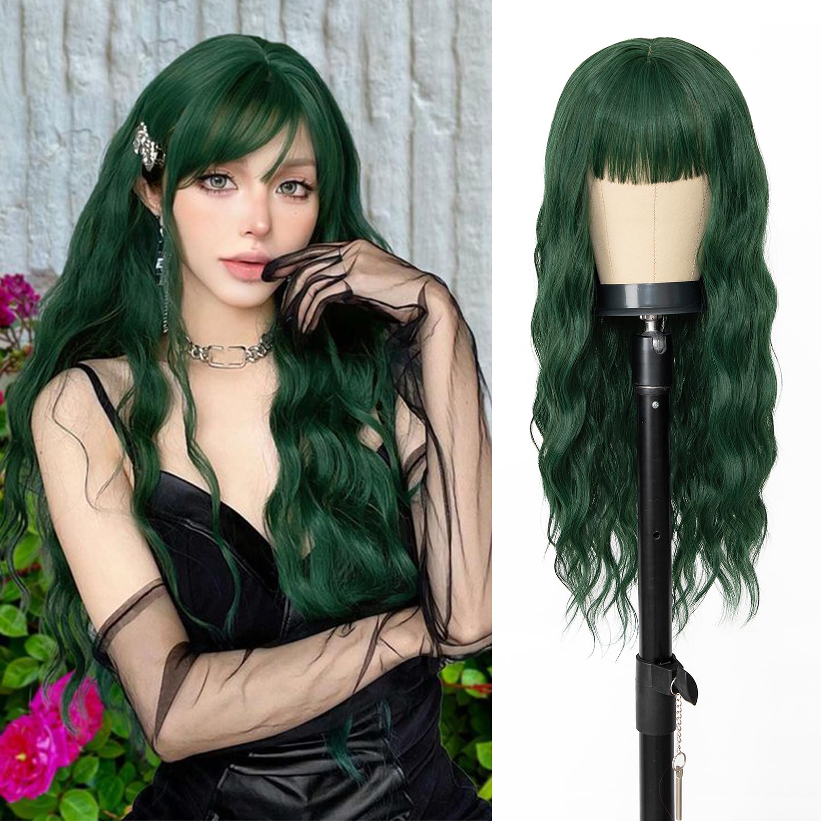 Photo 1 of ENTRANCED STYLES Green Wigs for Women,Long Green Wig with Bangs,Synthetic Heat Resistant Fiber Wig Womens Wavy Wigs Long Curly Wig for Daily Cosplay Party